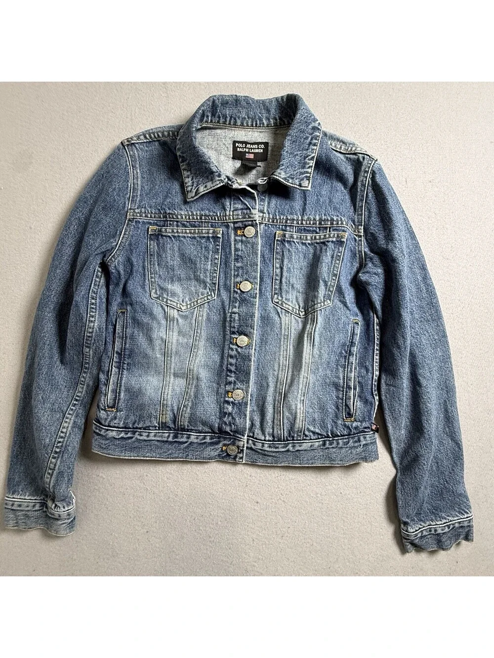 Polo Ralph Lauren Denim Jacket Flag Jeans Co. M Distressed USA American Patch